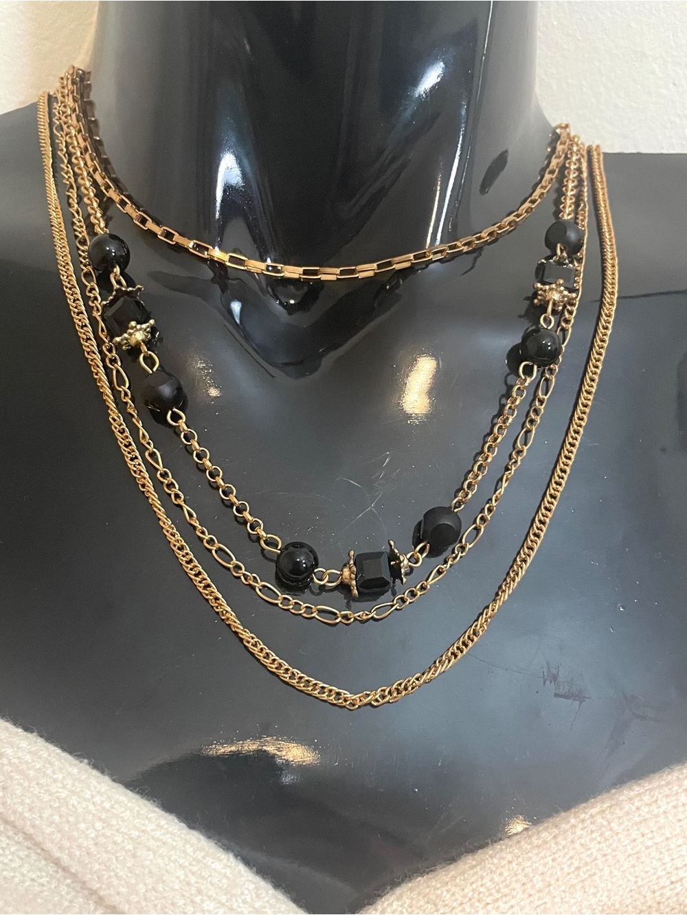 Gold Plated Layered Mixed Chain Vintage Style Necklace with Black Beads